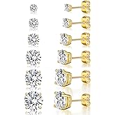Gemsme 6 Pairs Cubic Zirconia Stud Earrings for Women/Men - Round Cut 4 Prong Settings 18K Gold Plated Hypoallergenic 3-8mm Clear Earrings Set