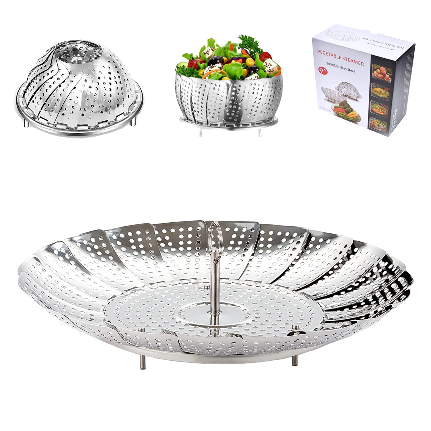 BangShou Steamer Basket for Cooking, 9'' Vegetable Steaming Insert for Saucepan, Stainless Steel Collapsible Food Steam Rack for Pan, Metal Folding Veg Petal Steamer with Handle