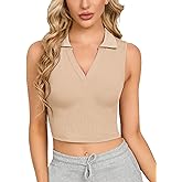 CLOZOZ Womens Tank Tops Polo Crop Top V Neck Ribbed Sleeveless Tops Collar Shirts Womens Crop Tops Polo Cropped Tank Trendy