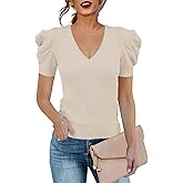 Amarmia Women's Puff Long Sleeve Knit Pullover Sweaters Casual V Neck Ribbed Solid Soft Slim Fit Sweater Blouse Tops