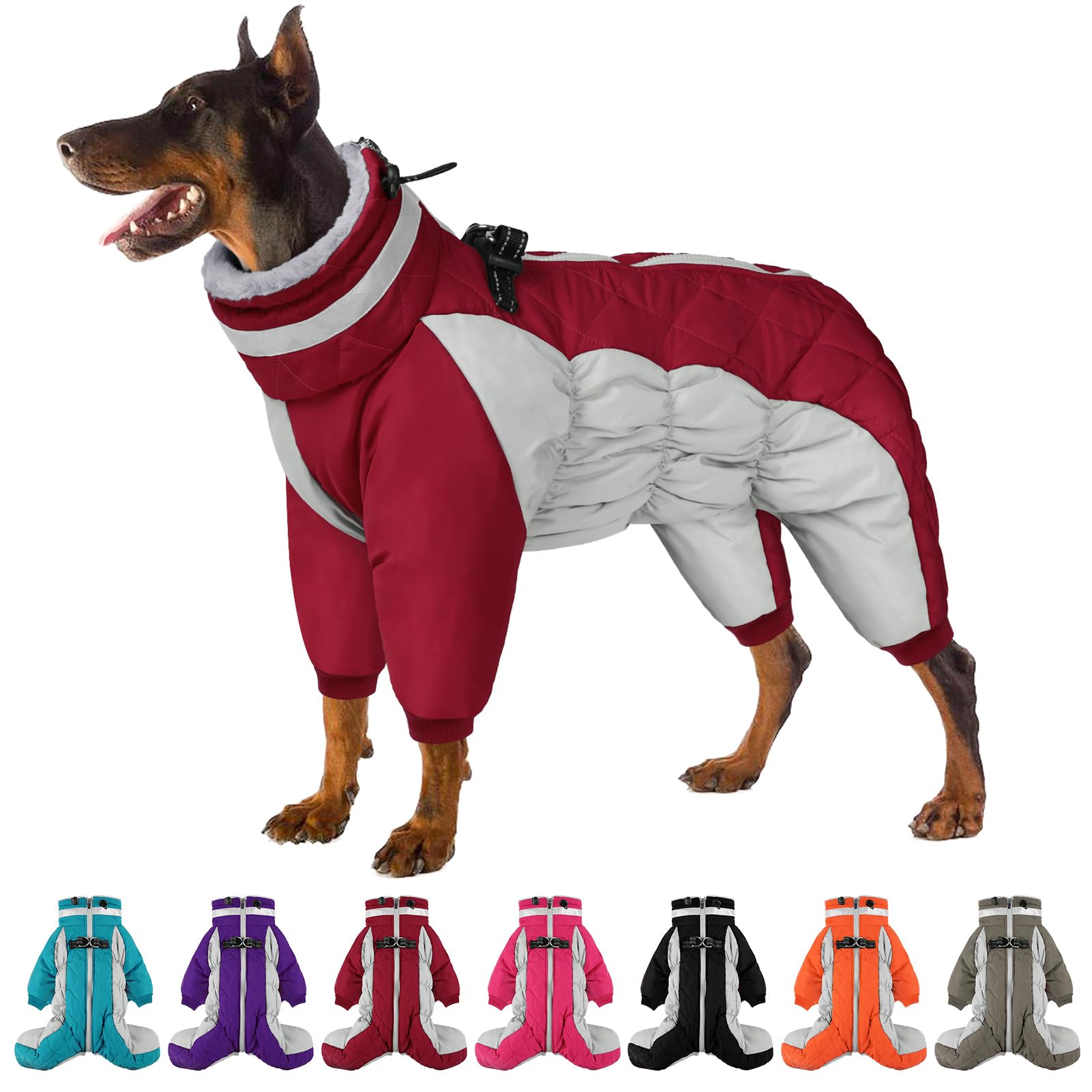 Photo 1 of SUNFURA Full Body Dog Coat - Warm Fleece Jacket for Large Dogs, Turtleneck Winter Coats with Harness, Reflective Dog Snowsuit Windproof Puffer Jackets with Legs for Weimaraner, Burgundy XL