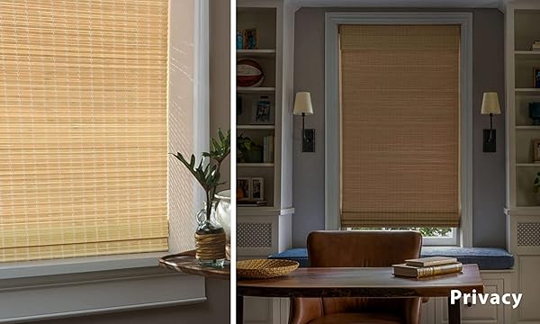 LAZBLINDS NO TOOLS NO DRILL CORDLESS BAMBOO ROMAN SHADES, PRIVACY WINDOW TREATMENT, ROLL UP BAMBOO BLINDS FOR WINDOWS 27” W X 64” H, NATURAL