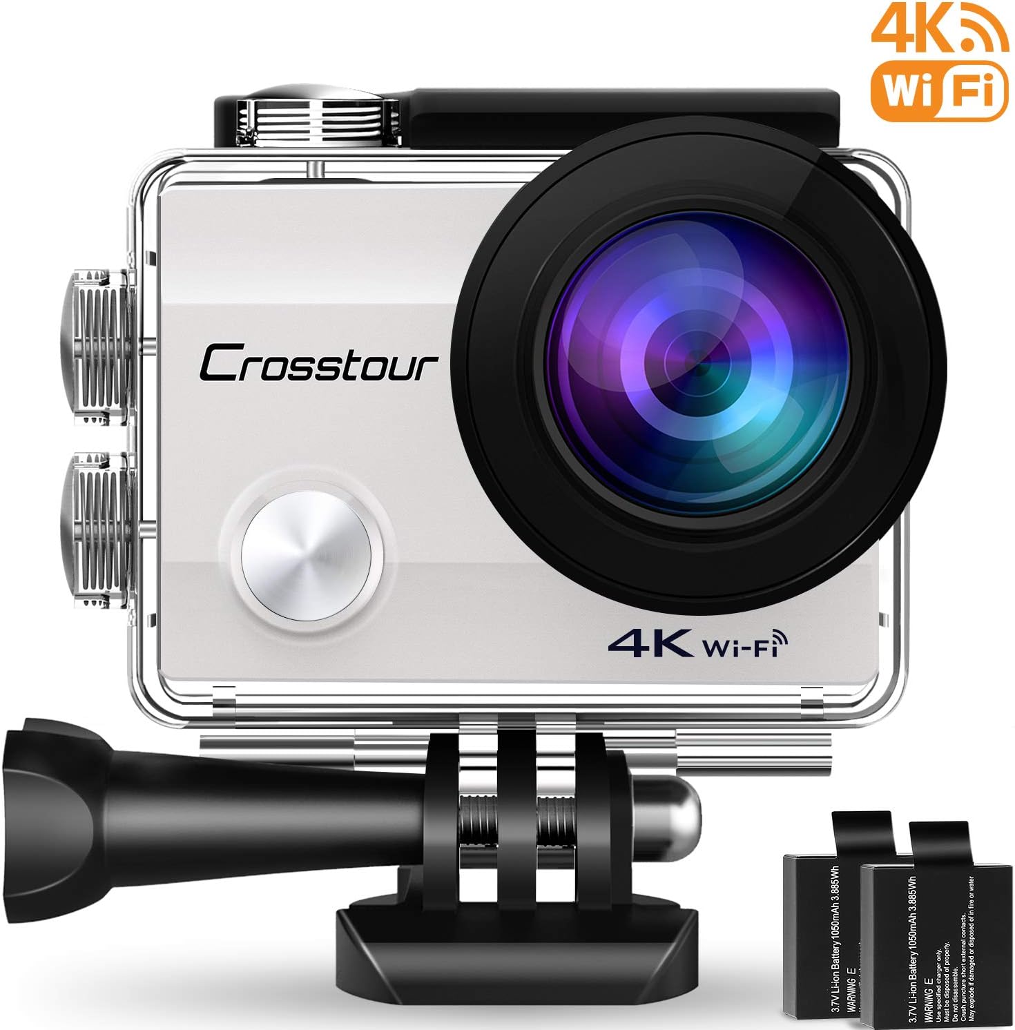 Crosstour Action Camera 4K Wifi Underwater 30M with 2 Batteries IP68 Waterproof Case (Silver)