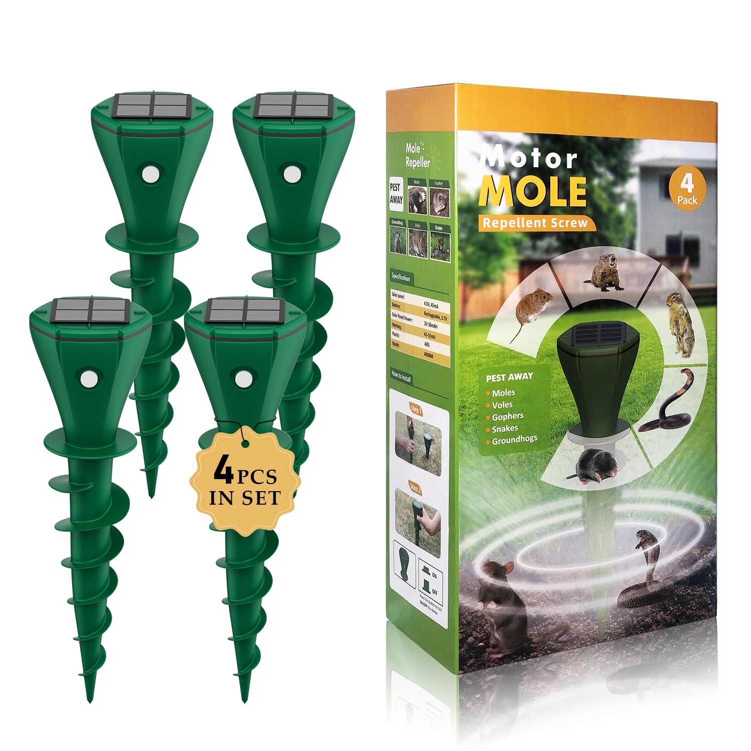 Photo 1 of Mole Repellent Solar Powered, Outdoor Mole Repellent Stake Utilizes Electronically Controlled Vibrations to Deter Mole, Snake, Gophers, Cat and Other Larger Animals for Yard Lawns(4 Pack)