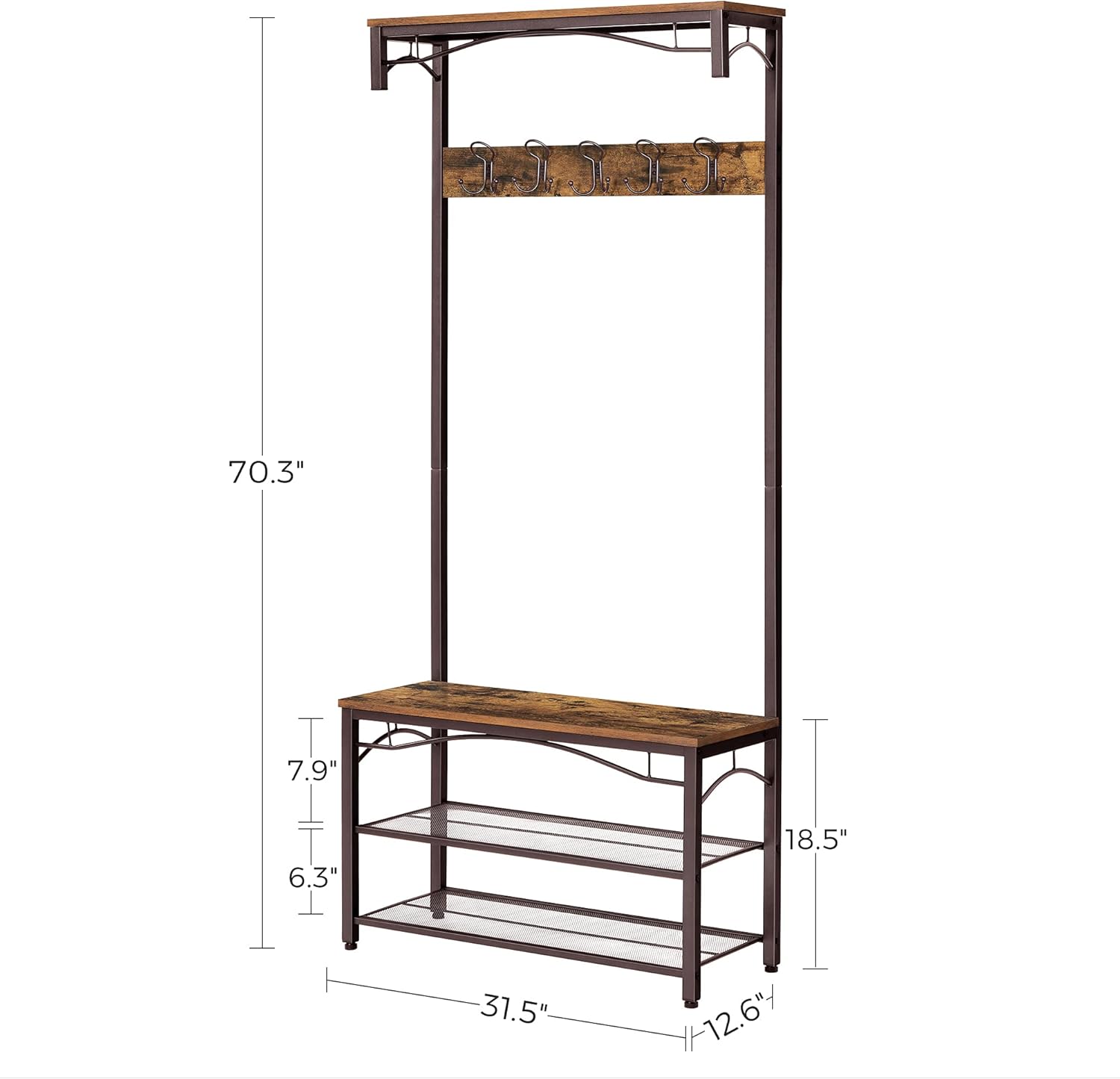 VASAGLE Industrial Coat Rack, 3-in-1 Hall Tree, Entryway Shoe Bench Coat Stand, Storage Shelves Accent Furniture Metal Frame Large Size: Furniture & Decor