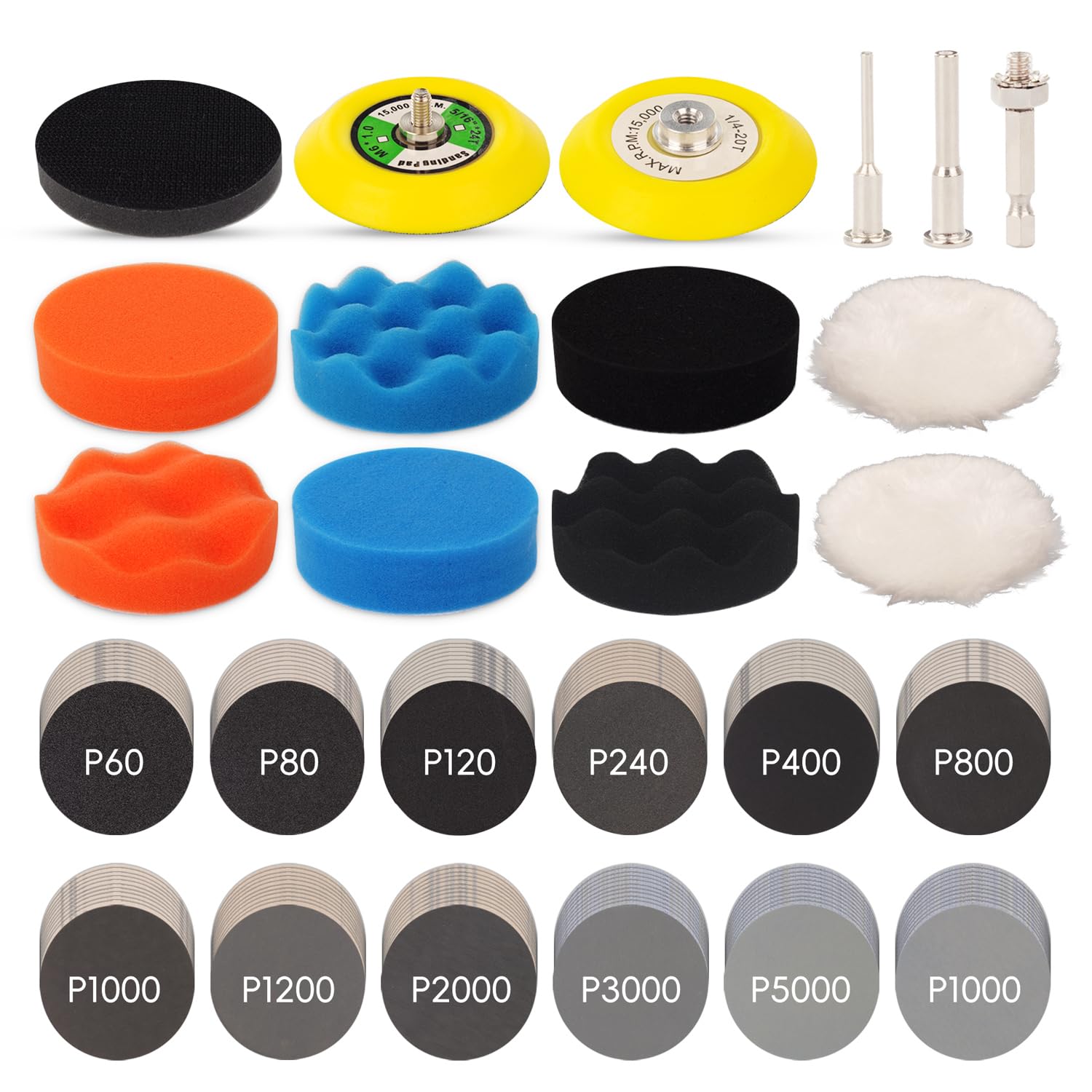 Photo 1 of 145pcs 3 inch Sandpaper Polishing Kit for Headlight Restoration, 60 to 10000 Grit Wet Dry Sanding Dicsc with Drill Buffing Pad and Foam Polishing Pads