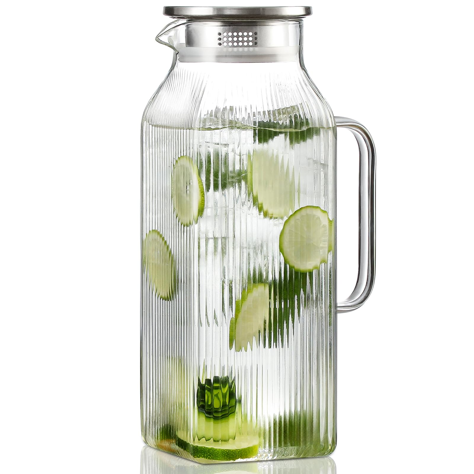 Photo 1 of 2 Liter/68 oz Square Glass Pitcher with Lid, Classic Stripes Water Pitchers with Handle for Fridge, Large Jug for Iced Tea, Coffee, Borosilicate Glass Carafe for Hot/Cold Brew Drink, Silver