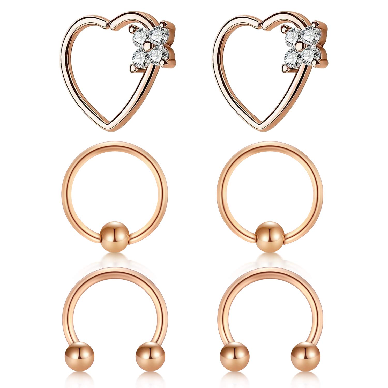 6PCS Helix Cartilage Daith Earrings Hoop Stainless Steel CZ Inlaid Nose Lip Rings Septum Jewellery Heart Horseshoe Ring - Rose gold