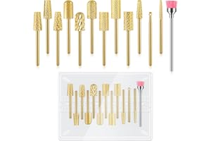 Depvko 13Pcs Nail Drill Bits Set, Tungsten Carbide Drill Bits for Nails, Cuticle Nail Drill Bits for Acrylic Nails Remover Bits for Manicure Pedicure, Home Salon (Gold)
