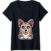 Sugar Skull Mexican Corgi Bone Halloween Day Of Dead V-Neck T-Shirt