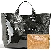 LuxMall PVC Tote Bag for Women Large Tote Purse Kraft Paper Letter Print Hobo Handbags for Work Beach Shopping Travel