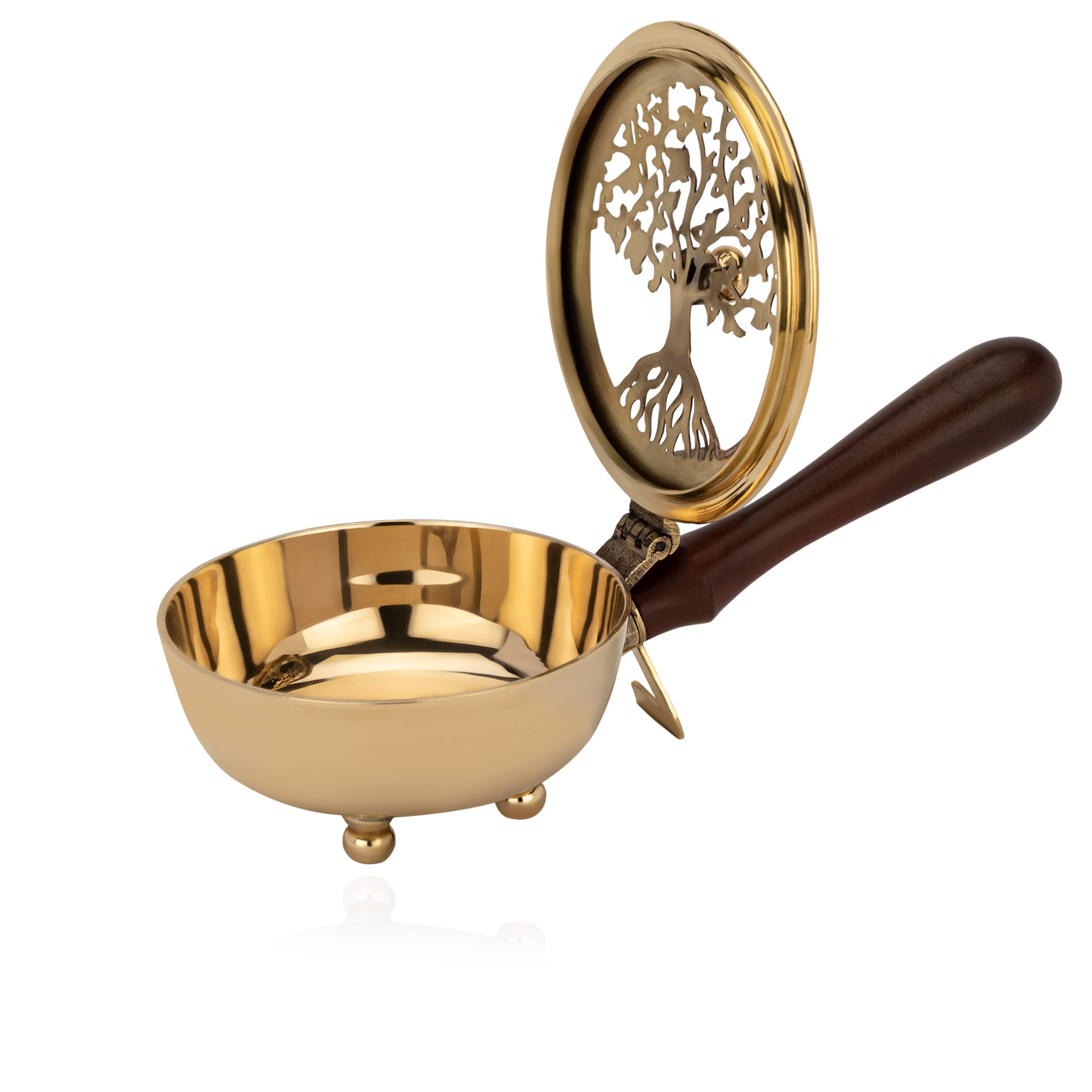 NKlaus Yggdrasil 11486 Incense Pan Scent Holder Tree of Life Brass with Wooden Handle 20 cm Gold