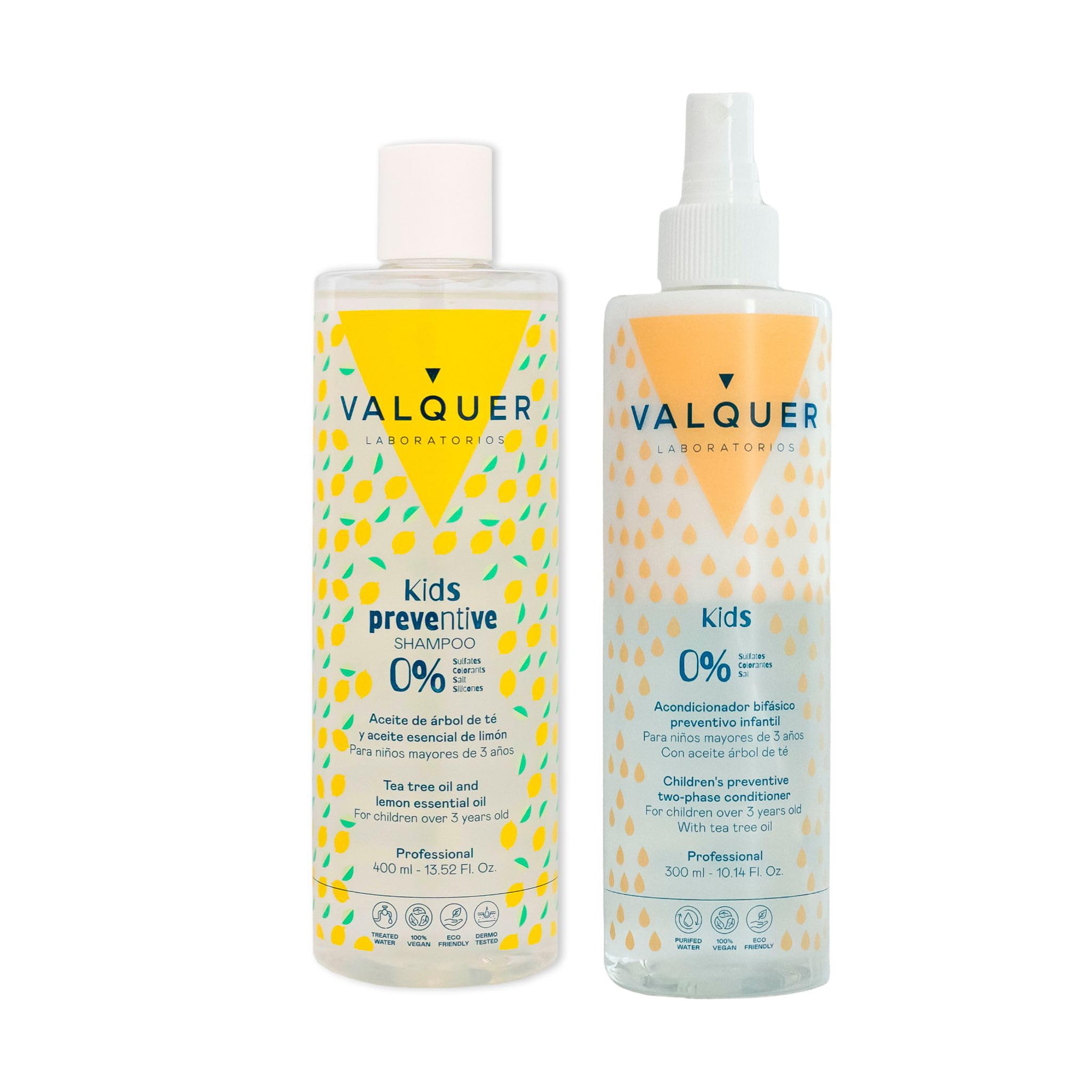 Valquer Kids Preventive Zero Formula Pack Shampoo 400 ml and Bi Phase Conditioner 300 ml Protects Hydrates and Softens Children Hair with Tea Tree Oil and Lemon Essential Oil.
