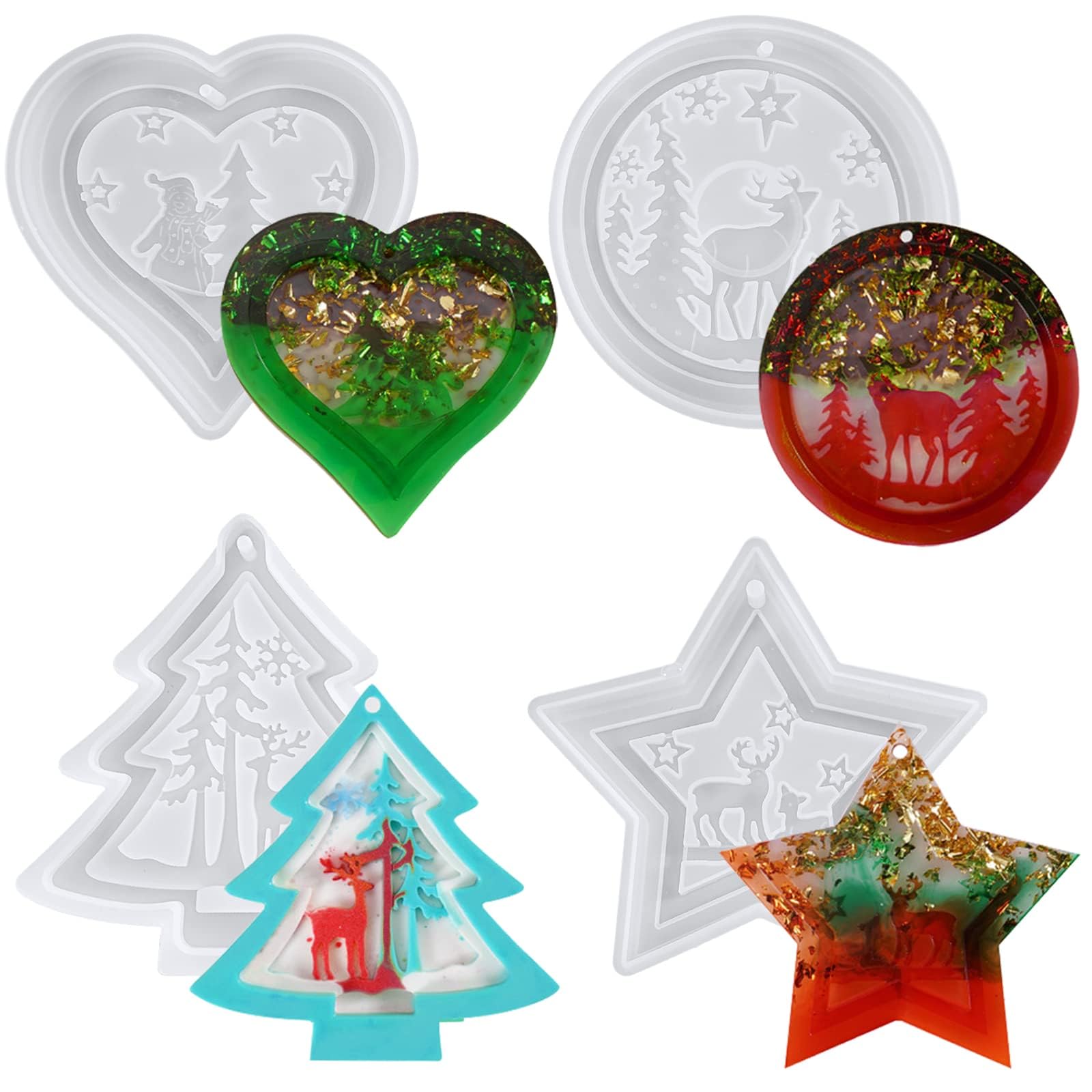 PHOGARY Epoxy Resin Moulds Christmas Ornaments Silicone Molds (Big Size), 4 Molds for Crystal Epoxy Casting, DIY Xmas Crafts Pendent Hanging Ornaments for Christmas Tree, Gift Decoration