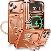 [CD Metal Ring & Invisible 360° Spin Stand] Magnetic Case for iPhone 17 Pro Max [Electroplated Shockproof Bumper ][Compatible with Mag Safe] Cover with Stand for Women Men Slim Clear - Cosmic Orange