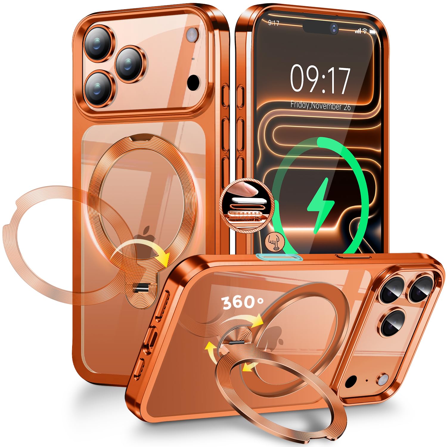 Photo 1 of [CD Metal Ring & Invisible 360° Spin Stand] Magnetic Case for iPhone 17 Pro Max [Electroplated Shockproof Bumper ][Compatible with Mag Safe] Cover with Stand for Women Men Slim Clear - Cosmic Orange
