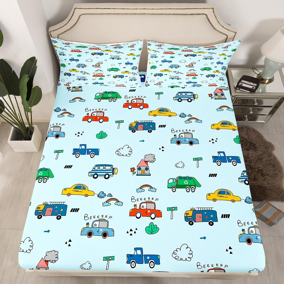 Cartoon Car Bed Sheet Set Cartoon Car Fitted Sheet Cars Bus Print Bedding Set for Kids Boys Girls Cartoon Farm Tractor Bed Cover Vehicle Lightweight Bed Set Double
