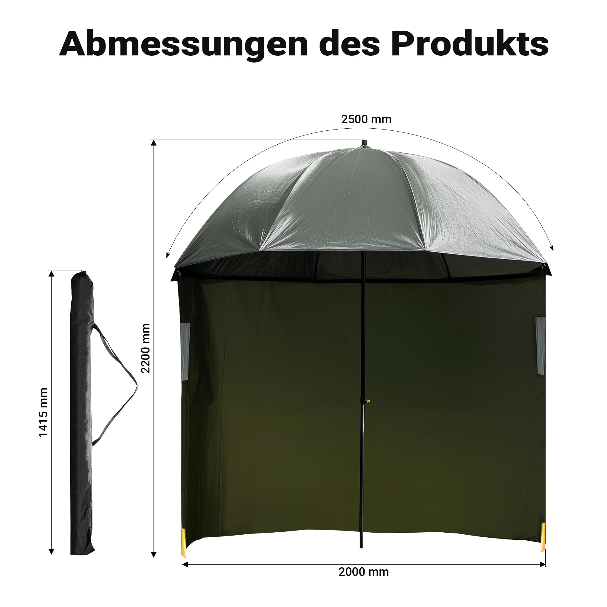 Wiltec Angelschirm 250cm mit Seitenwand und zwei Sichtfenstern Schirmzelt als Windschutz beim Angeln Regenschirm Angel Schirm Zelt Sonnenschirm 3