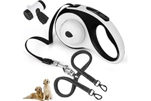 FEGCZP Dual Retractable Dog Leash for 2 Medium Dogs (Up to 66LBS Each) - Double Headed Pet Leash with Poop Bags and LED Light, One Button Brake & Lock, 360 Tangle-Free (White, Medium)