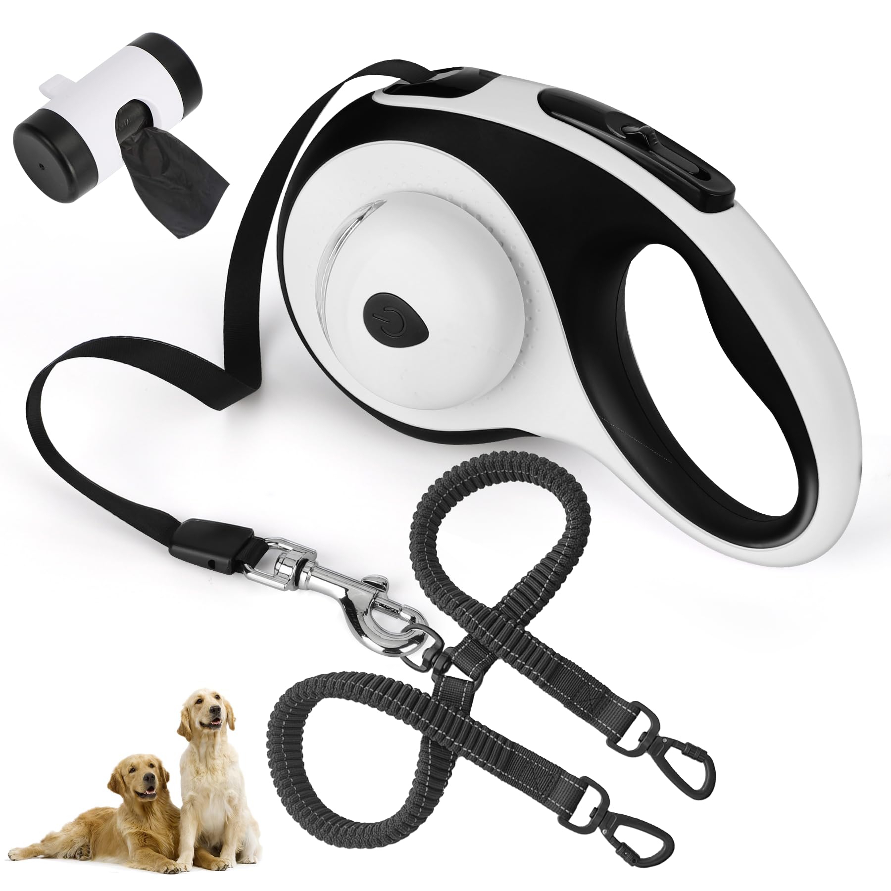 Photo 1 of Dual Retractable Dog Leash for 2 Medium Dogs (Up to 66LBS Each) - Double Headed Pet Leash with Poop Bags and LED Light, One Button Brake & Lock, 360 Tangle-Free (White, Medium)