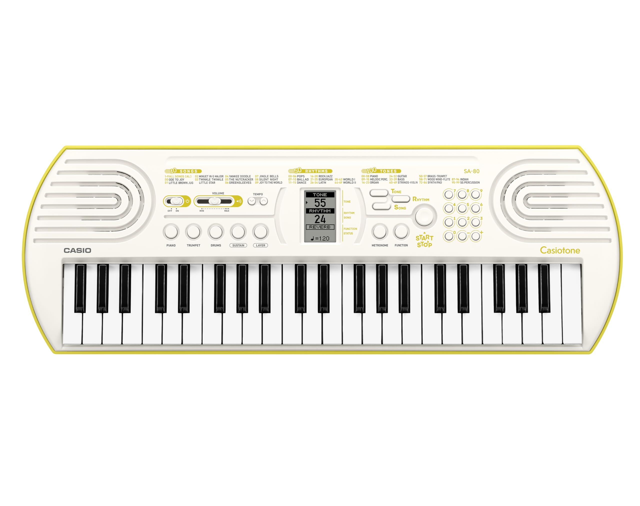 Casio SA-80H5 Mini-Keys 44 key keyboard in White with lime green base and Rhythm Warriors animated online lessons