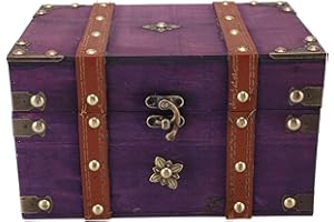 WOHPNLE Vintage Treasure Chest Box, Wooden Jewelry Storage Box with Leather & Metal Accents, Decorative Retro Trunk for Home Bedroom Gifts (8.54x5.91x5.12in) (Purple)