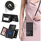DEYHU for Galaxy S25 Ultra Case with Card Holder and Strap for Women,Crossbody Lanyard, Make Up Mirror,Ring Stand,Snap Clasp,Cute Phone Wallet Cases 6.9 inch - Black
