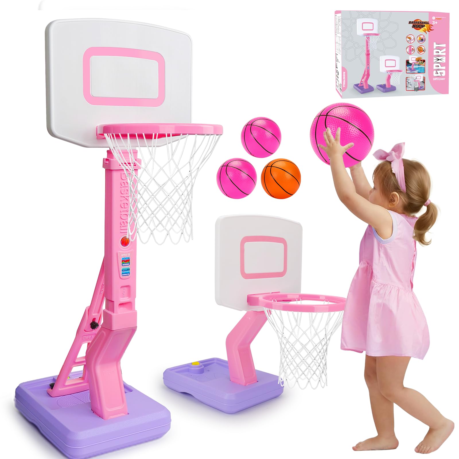 Basketball Hoop and Stand for Kids Adjustable Height 2'3"-4'7" with Basketballs, Toddler Childs Basket Ball Hoop and Stand Indoor Outdoor Garden Toys for 1 2 3 4 Boys Girls Birthday