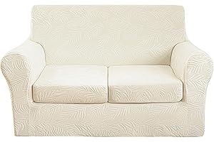 MeiMeilio 3 Pieces Velvet Loveseat Covers for 2 Cushion Couch Stretch Sofa Covers Washable Dog Couch Cover Embossed Leaf Design Furniture Covers for Sofa (Leaf Ivory, Loveseat)