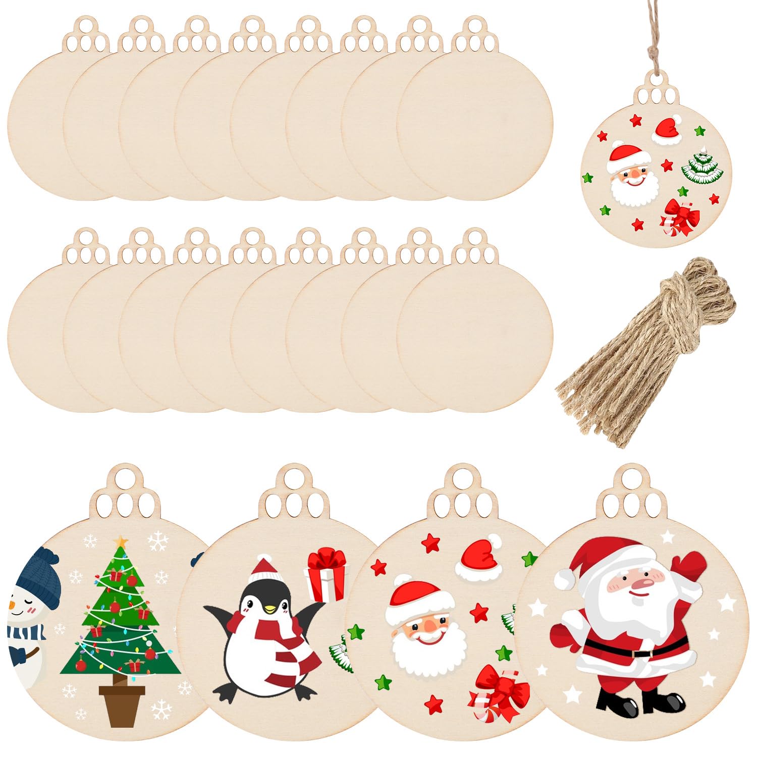 Unvtap 20PCS Wooden Christmas Ornaments, Round Bauble Blank Baubles, DIY Wooden Christmas Decorations with String for Xmas Tree Decoration DIY Crafts