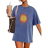 Wrenpies Vintage Oversized Sun Aesthetic Graphic Tees Distressed Band T Shirts for Women Boyfriend Baggy Casual Shirt Tops