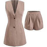 winkbay Women's 2 Piece Business Casual Outfits Summer Button Up V Neck Blazer Vest and Shorts Set