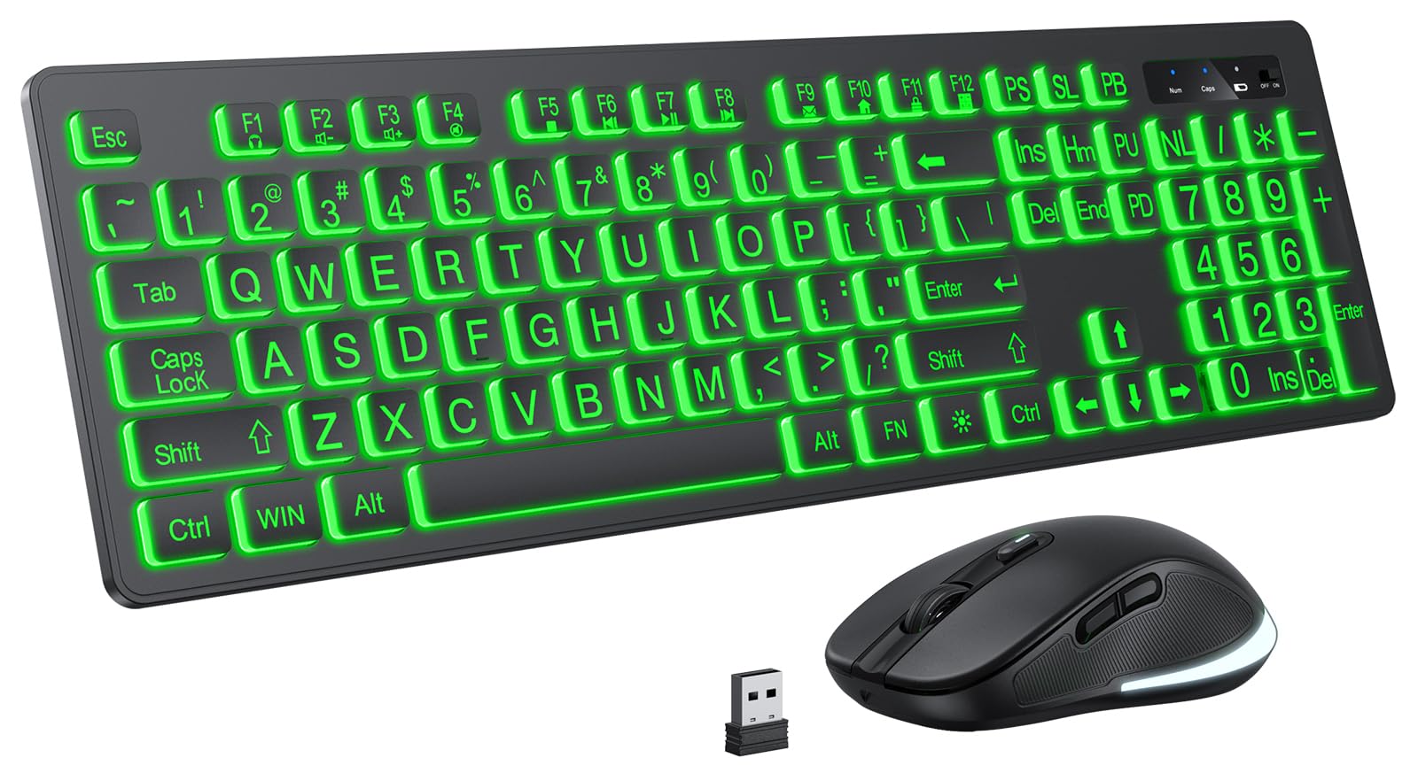 Photo 1 of **USB DONGLE IS MISSING**Large Print Wireless Keyboard and Mouse - 7 Colors Backlit Keyboard, Oversize Letters Keys Easy to See and Type, Rechargeable Keyboard and Mouse with Light Up Key, Compatible for PC, Windows, Gaming