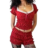 RUEWEY Women Polka Dot Print Pajamas Set Lace Trim Smocked Short Sleeve Tops and Shorts Lounge Set Gothic Sleepwear
