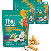 Thai Coco Crispy Coconut Rolls Original Flavor Snack 8 Bags(3.5 oz each) | Vegan Tropical Snack with Light and Crunchy Texture. Gluten-Free, Dairy-Free and Non-GMO Ingredients for Everyday Enjoyment