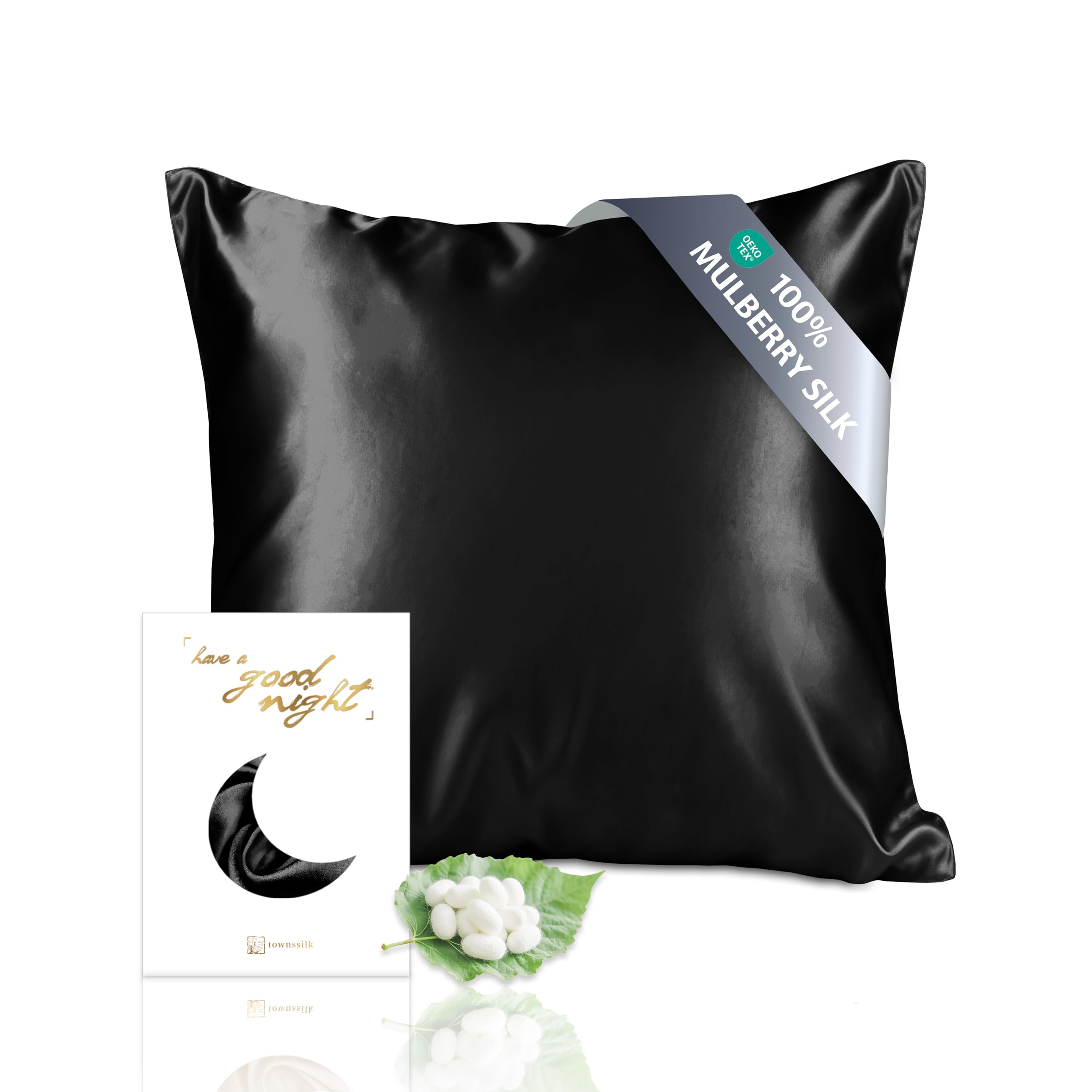 townssilk Both Side 100% 19mm Silk Pillowcase square 80x80cm size Pillow Case Cushion Cover with Hidden Zipper Black