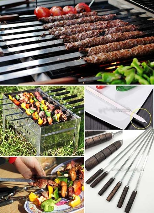 ALRIA Stainless Steel BBQ Barbecue Grill Skewers with Wooden Handle -Pack of 6