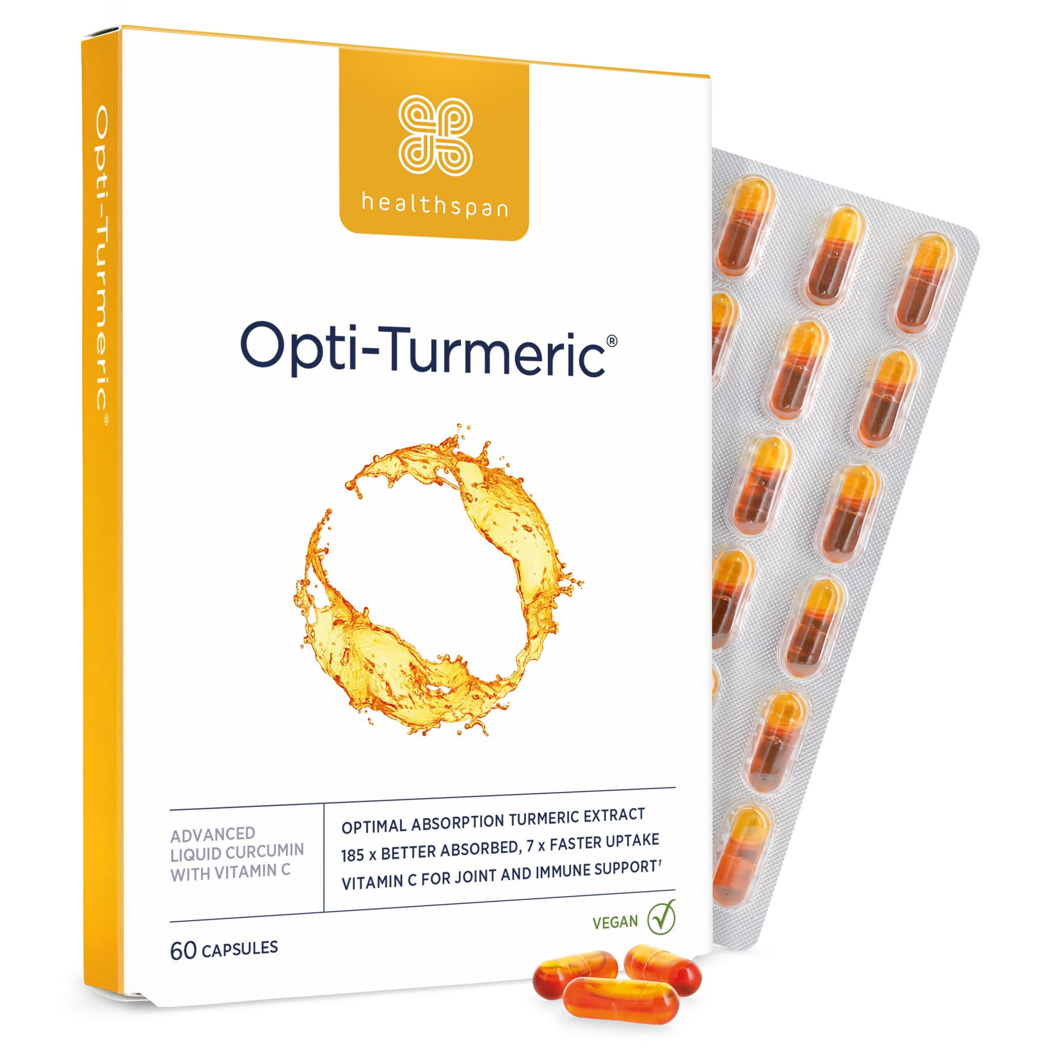 Healthspan Opti-Turmeric | High Strength 500mg Liquid Curcumin | Supports Cartilage Formation | Immune Health | 185 Times Better Absorbed & 7 Times Faster Acting Than Standard Turmeric (60 Capsules)