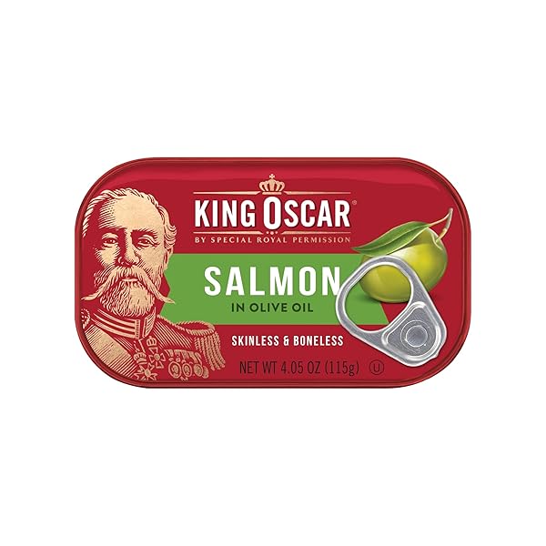 KING OSCAR PREMIUM SALMON IN OLIVE OIL, 4.05-OUNCE CANS (PACK OF 12, PACKAGING MAY VARY), SKINLESS & BONELESS SALMON