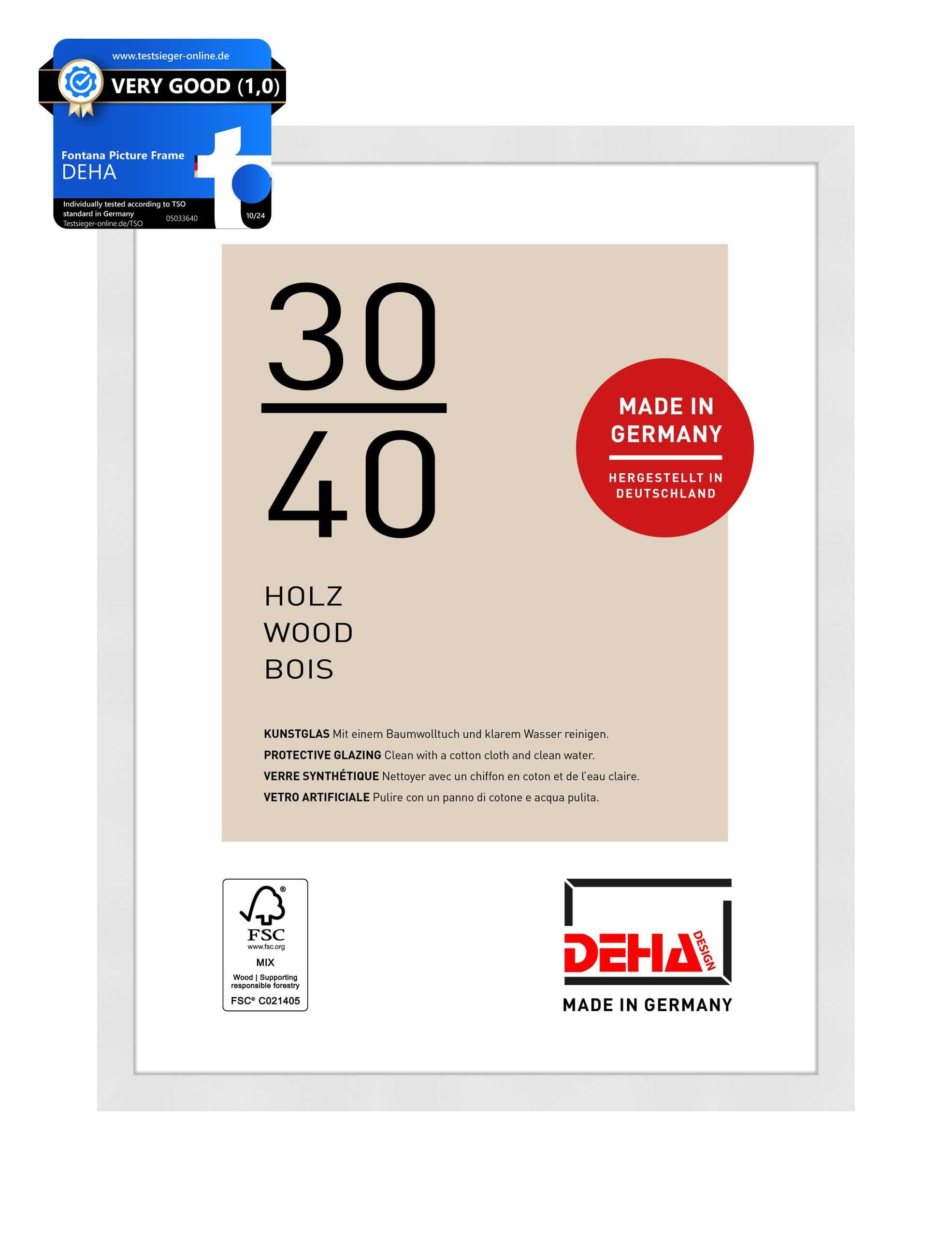 DEHA Design Fontana Wooden Picture Frame - 30x40 cm – White - with Synthetic Glass and Push/Turn Clips