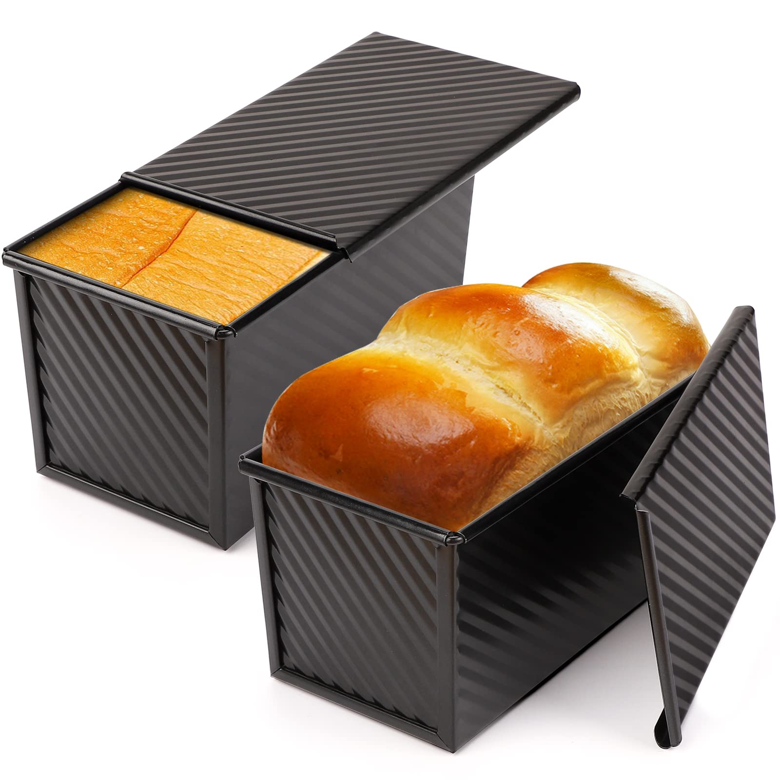 Photo 1 of Beasea Pullman Loaf Pan with Lid, 2 Pack 1 lb Non-Stick Black Bread Loaf Pans for Homemade Bread Carbon Steel Toast Box with Cover for Bakeware Toast Oven Baking