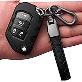 Autophone Compatible with Jeep Key Fob Cover With Leather Keychain Soft TPU Protection Key Case for 2018-2026 Wrangler JL JLU Rubicon Wagoneer Gladiator JT Sahara JLU Remote Ke (Black)