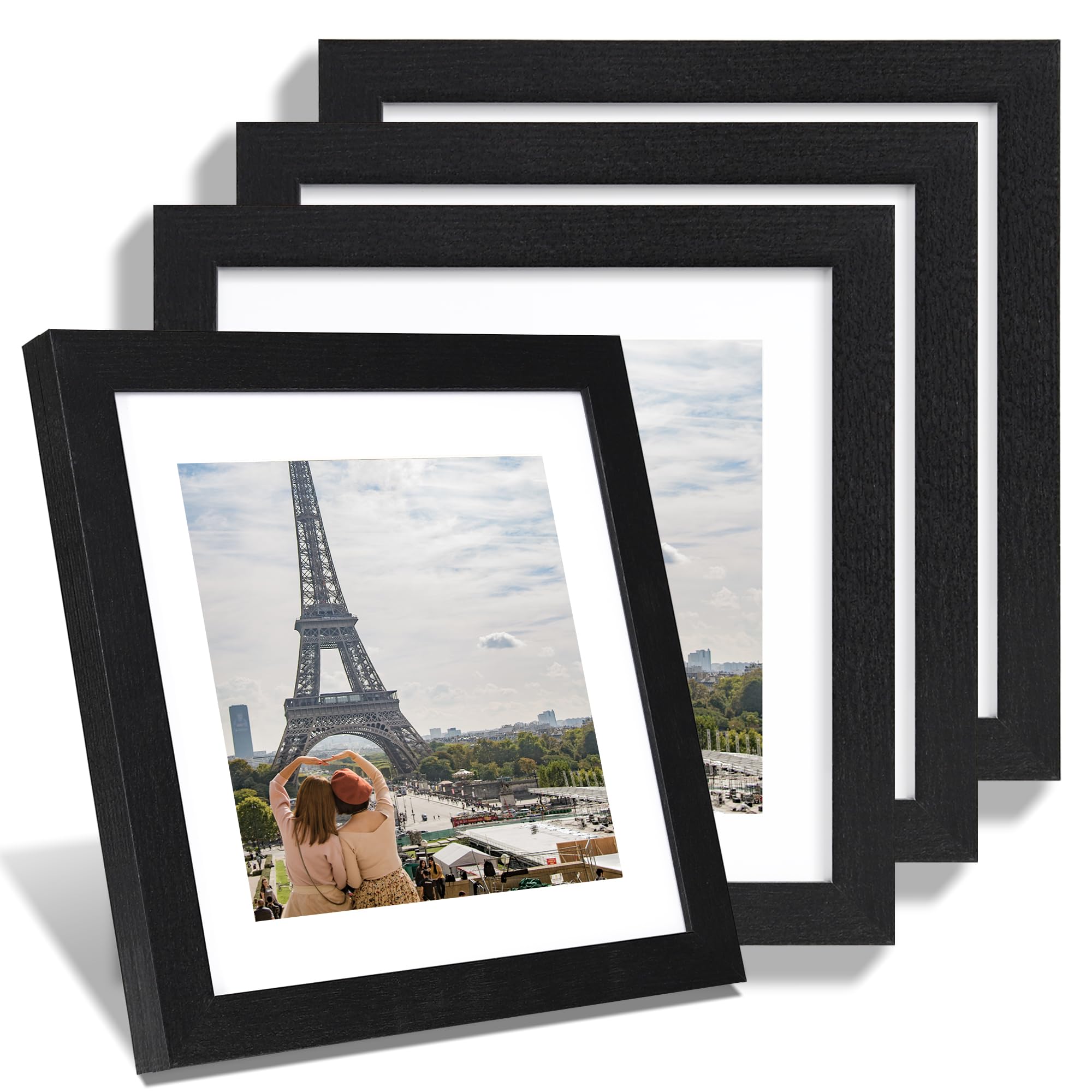 Hongkee 10x10 Picture Frame Set of 4, Made of Glass and Rustic Black Wooden Frame - Display Picture 8x8 with Mat or 10 x 10 Without Mat, 10 by 10 Photo for Wall or Tabletop Image