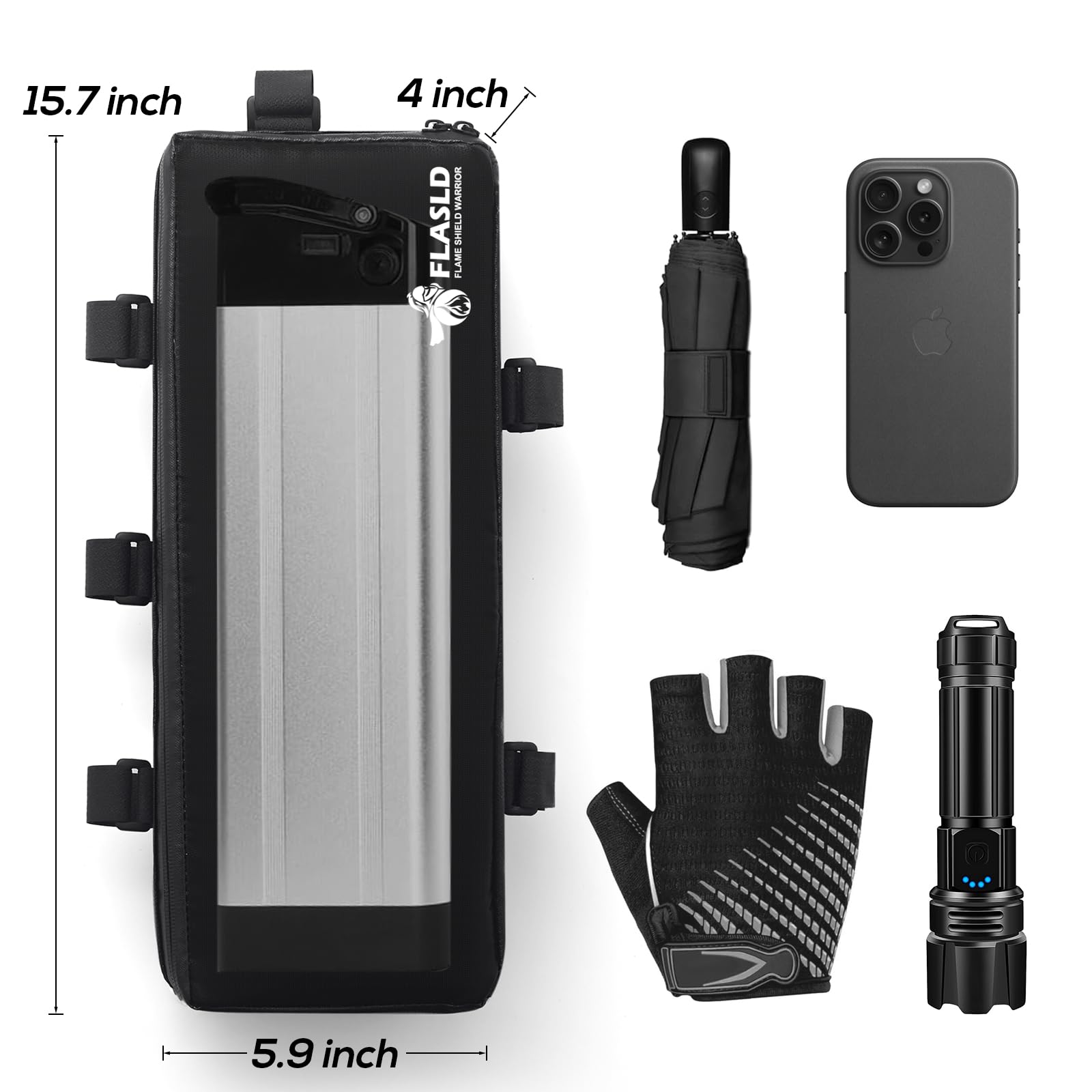 FLASLD Fireproof Electric Scooter Battery Hanging Bag, 15.3 x 5.9 x 4in Ebike Battery Bag, Electric Bike Bicycle Saddlebag, Storage Ebike Bag