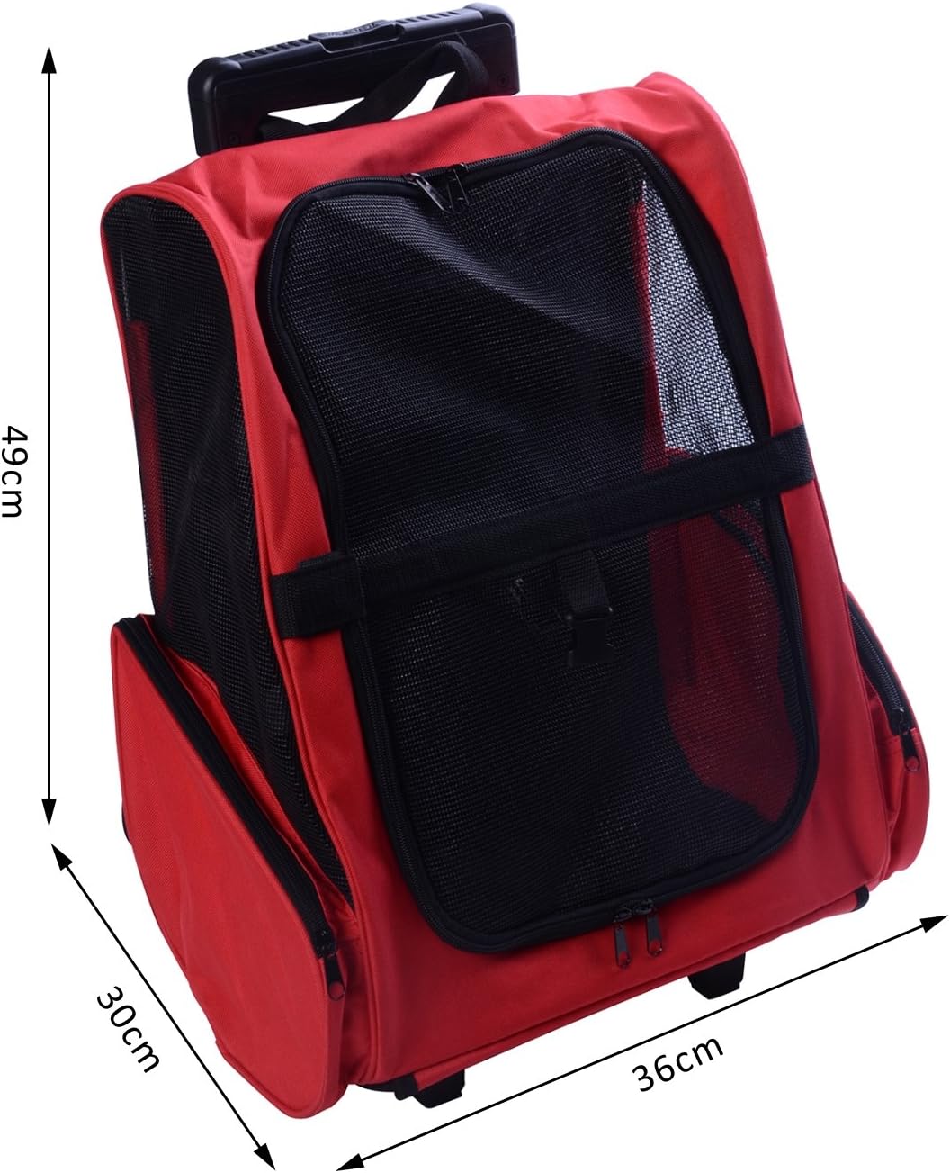 PawHut Pet Travel Backpack Bag Cat Puppy Dog Carrier w/ Trolley and Telescopic Handle Portable Stroller Wheel Luggage Bag (Red) - Image 3