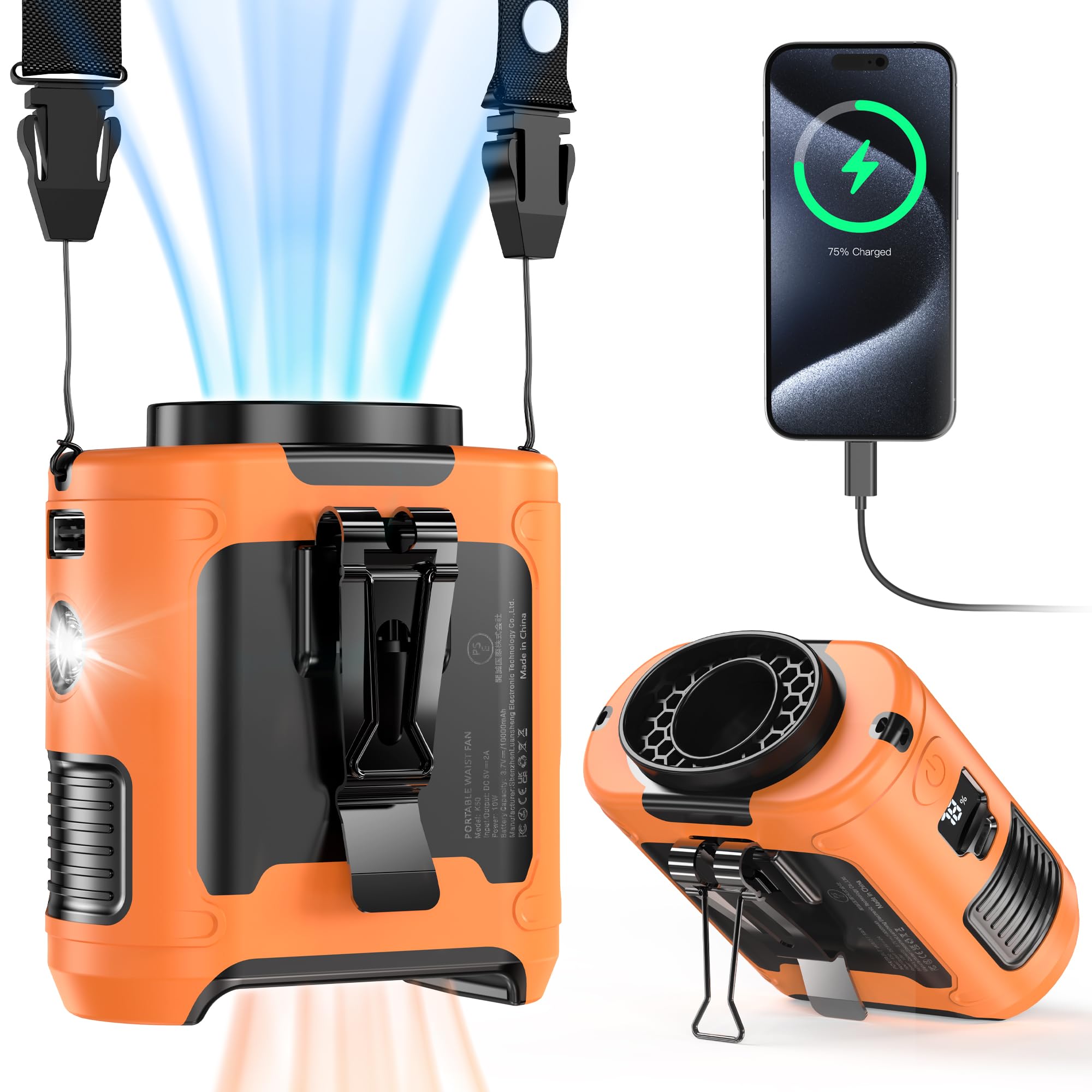 10000mAh Portable Waist Clip Fan, 40H Cooling Personal Wearable Fan, 5 Speeds 16000RPM Strong Belt Fan, Rechargeable Hands-free Neck Fan With Flashlight for Outdoor Jobsite Camping Traveling (Orange)