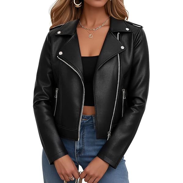 LMSXCT Women's Faux Leather Jackets Zip Up Short Motorcycle