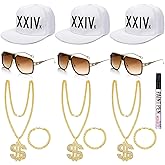 Geiserailie 13 Pcs 80s 90s Costume Accessories 3 White Hip Hop Xxiv Cap 3 Fake Gold Chain Dollar with Pendant 3 Rapper Bracelet 3 Sunglasses 1 Paint Pen for Women Men Halloween Cosplay Party