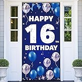 HTDZZI Happy 16th Birthday Decorations for Boys & Girls - Fabric Blue Silver 16 Birthday Backdrop Banner, Yard Sign, Photo Booth Props, Door Decor - Outdoor Indoor Sixteen Party Supplies