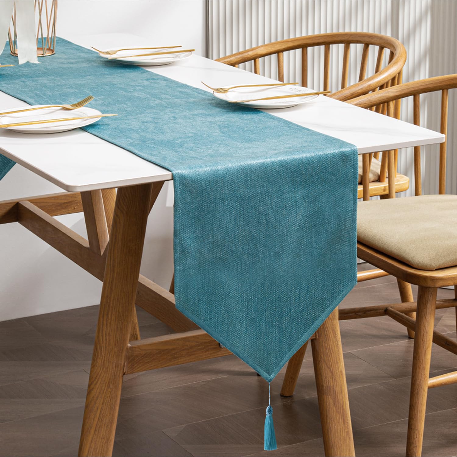 Table Runner with Tassels Spill-proof Machine Washable Luxury Home Table Decorative Dresser Scarves for Dining Kitchen Party Banquets Wedding Birthday (Lake Blue, 35 x 180 cm)